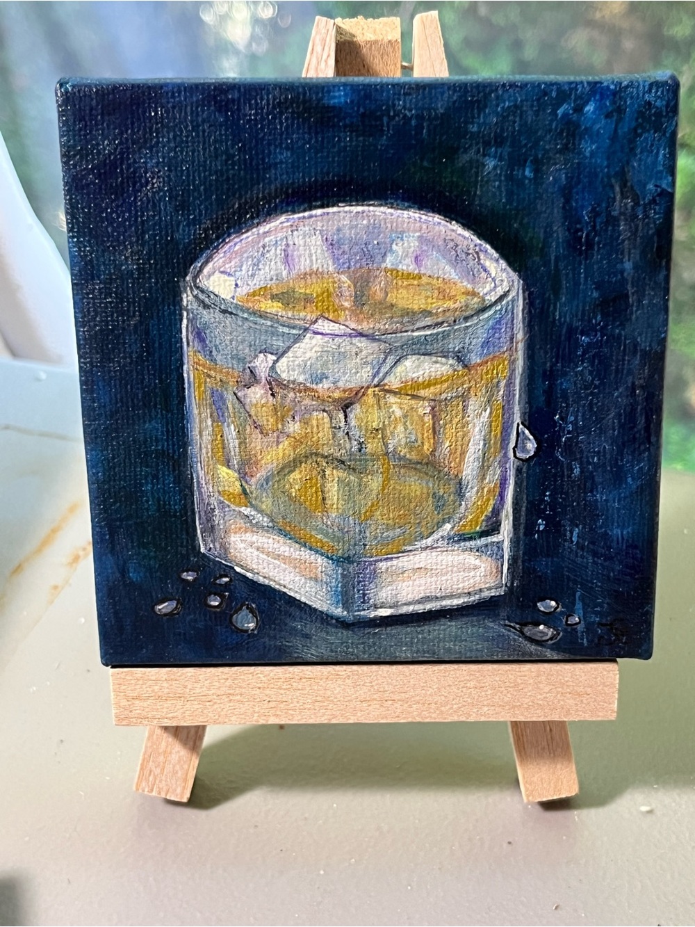 Hand-Painted Whiskey Glass Mini Canvas - Blue Background with Amber Drink